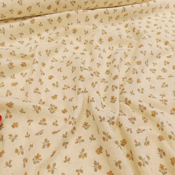 Dupla gaza žućkasta osnova braon cvetići i tačke - Slika 3