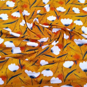 Pamuk premijum žersej štampani oker osnova beli tulipani