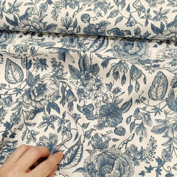 Dekor platno tamno plavi crtani cvetovi na svetloj osnovi - Slika 1